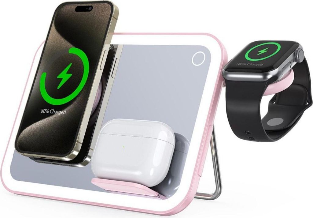 FORCELL F-ENERGY Mag Mirror 15W 3 in 1 wireless charger kompatibel mit MagSafe / Apple Watch / Samsung Watch / Airpods pink