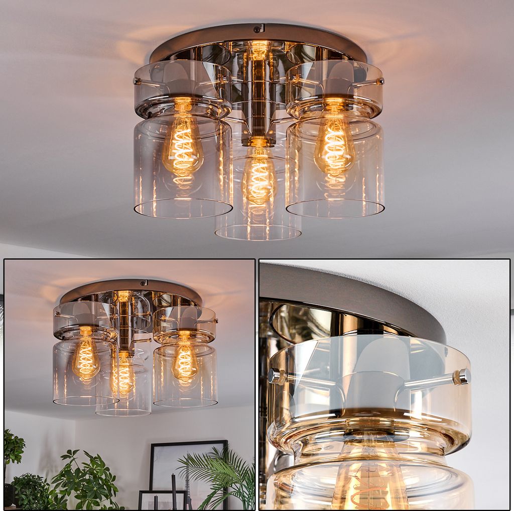 Brunate 3-flammige Deckenlampe aus Metall/Glas in Chrom/Rauch/Bernstein/Klar