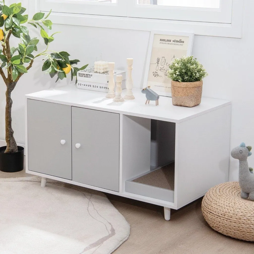 Meuble litière chat caché et table basse design gris de 90x50x50 cm
