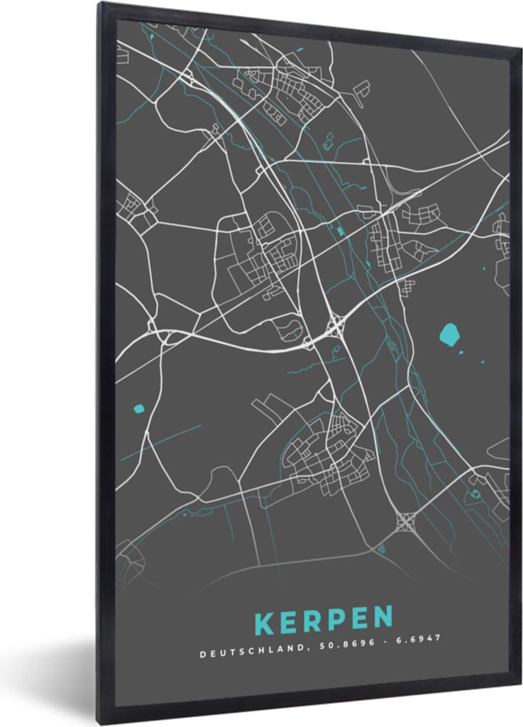MuchoWow Gerahmtes Poster Deutschland - Blau - Kerpen - Stadtplan - Karte 40x60 cm - Poster mit Schwarzem Bilderrahmen Wandposter Rahmen Foto Bil...