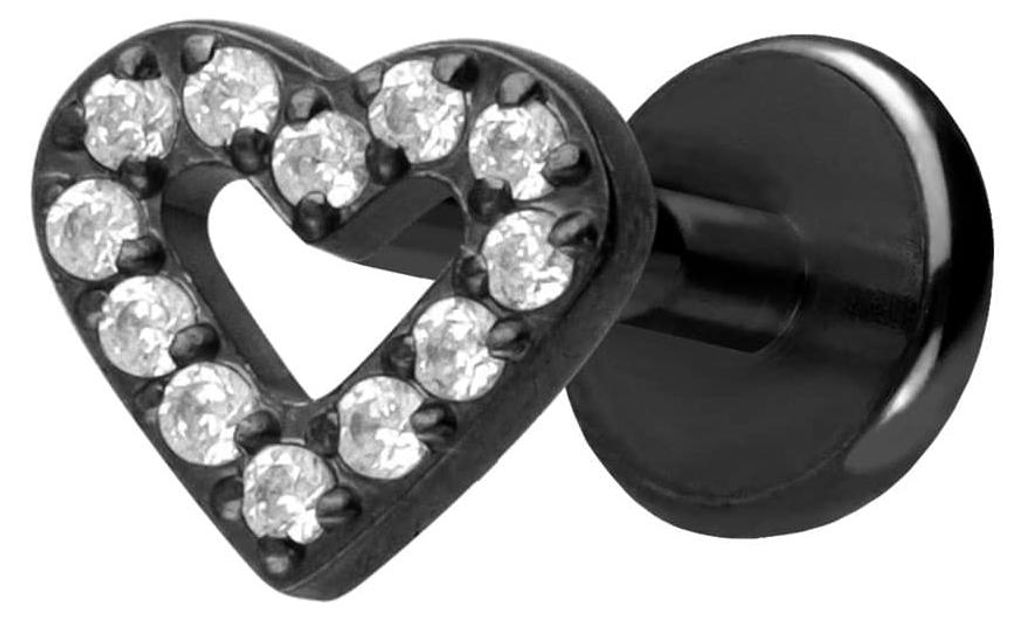 Ohrpiercing, Nasenpiercing Titan Labret mit Push Fit KRISTALLHERZ Schwarz Stablänge: 6mm | Stabstärke: 1mm