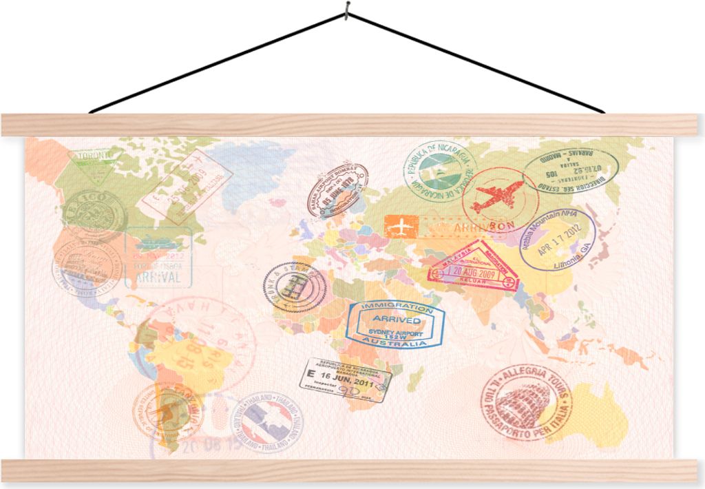 MuchoWow Textilposter Weltkarte - Briefmarken - Farben 60x30 cm mit holzfarbenen Rahmen - Dekoration
