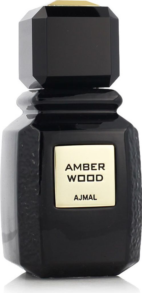 A black perfume bottle with a gold cap and a cream-colored label.