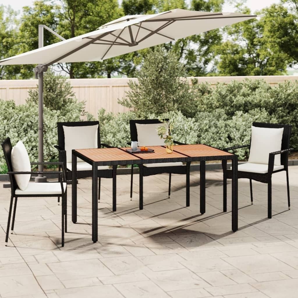 The Living Store Gartentisch mit Holzplatte Schwarz Poly Rattan & Akazienholz