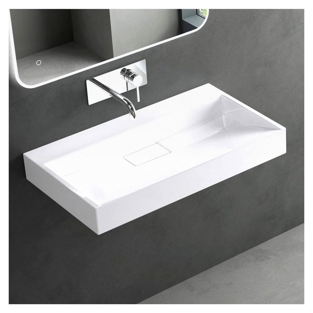 Waschbecken Weiß Aufsatzwaschbecken Hängewaschtisch mit Ablaufgarnitur Mineralguss Rechteckig Waschplatz ohne Armaturenloch Breite: 70cm