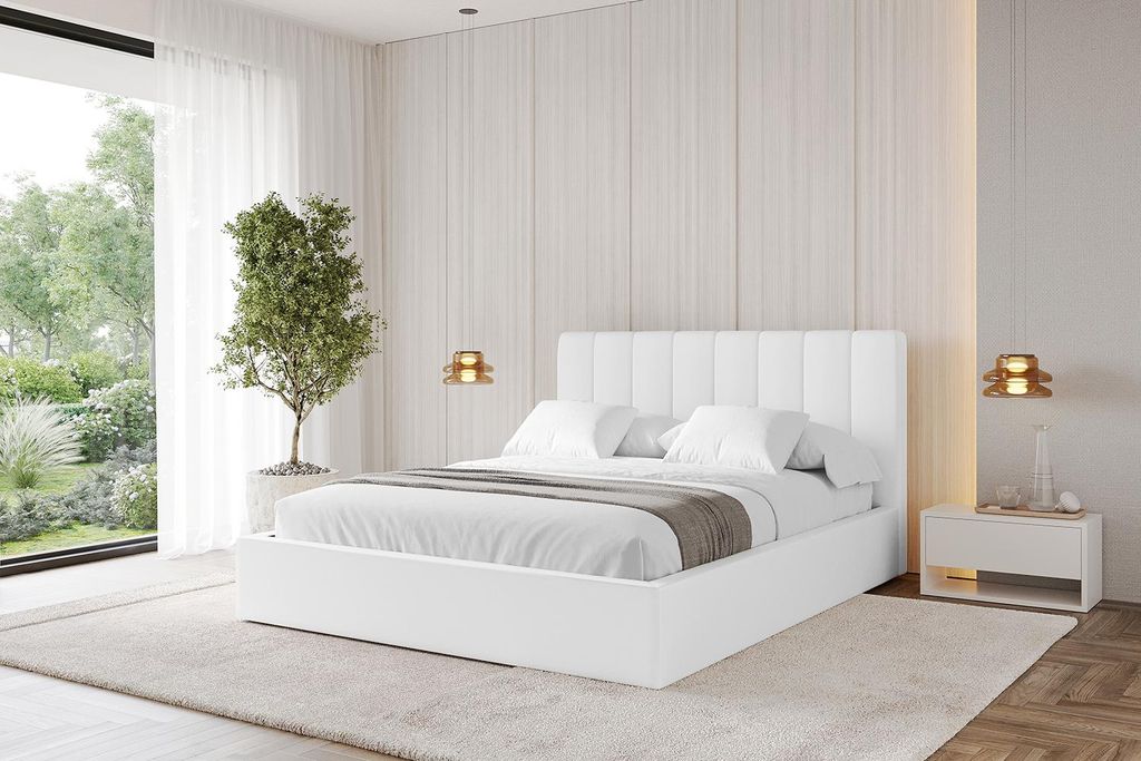 ALTDECOR Polsterbett mit Bettkasten - STERA 200x200 cm Weiß Kunstleder - Bett mit Matratze H3/H4, Kopfteil, Boxbett, Lattenrost, Doppelbett mit St...