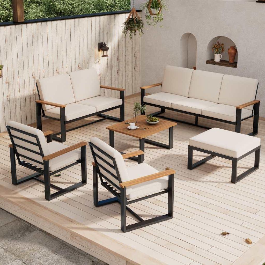 Beiges Gartenmöbel-Set: Lounge-Stühle, 3-Sitzer-, 2-Sitzer- und 1-Sitzer-Sofas, Couchtisch aus Akazienholz, verzinkter Stahl, inkl. Fußhocker - ...
