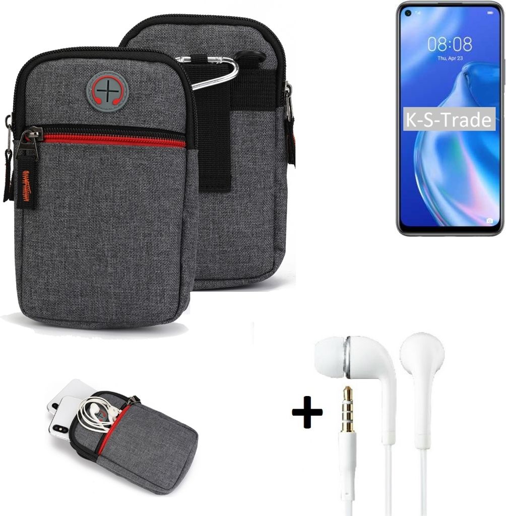 K-S-Trade Gürteltaasche + Kopfhörer kompatibel mit Huawei P40 lite 5G Handy Tasche Holster Schutz Hülle Handy Hülle grau Zusatzfächer 1x