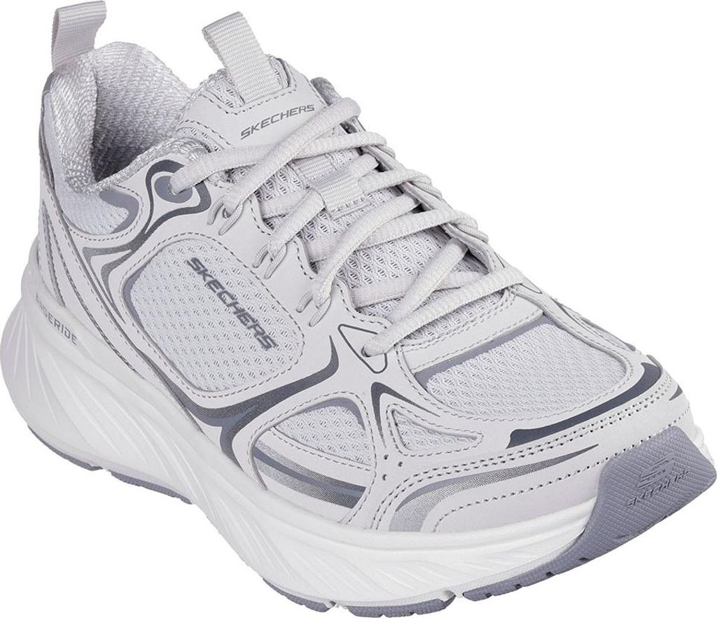 A studio shot of a single gray Skechers sneaker.