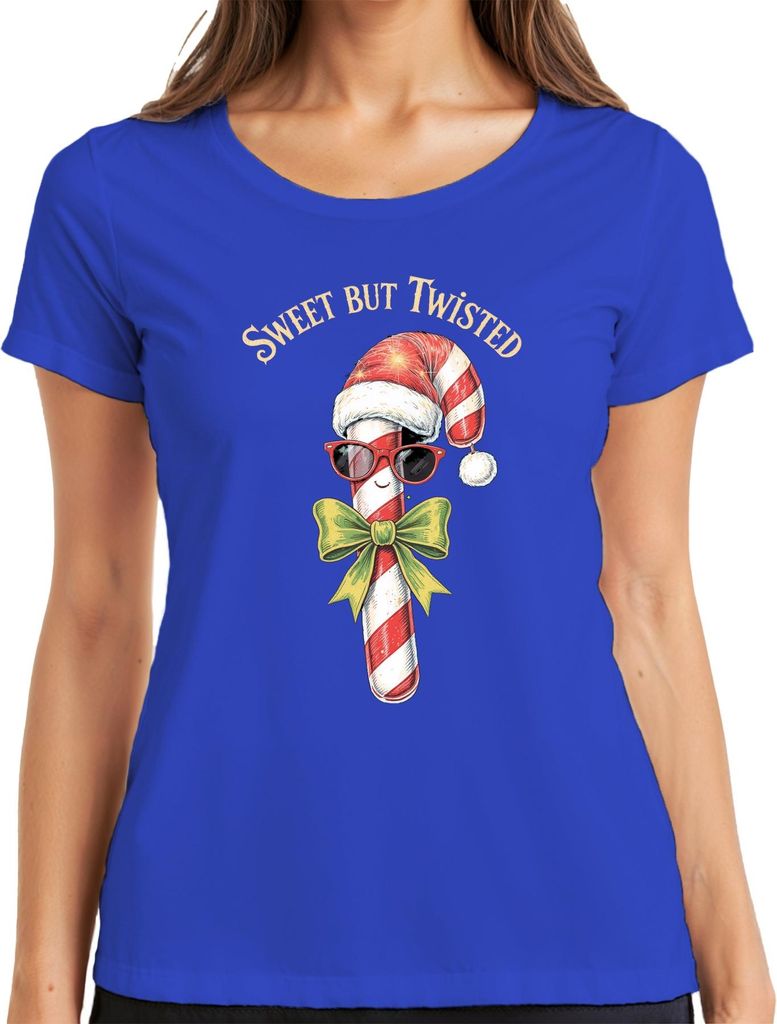 Sweet But Twisted Candy Cane Santa Hat Sunglasses Bow Weihnachten Damen T-Shirt, Blau, XL