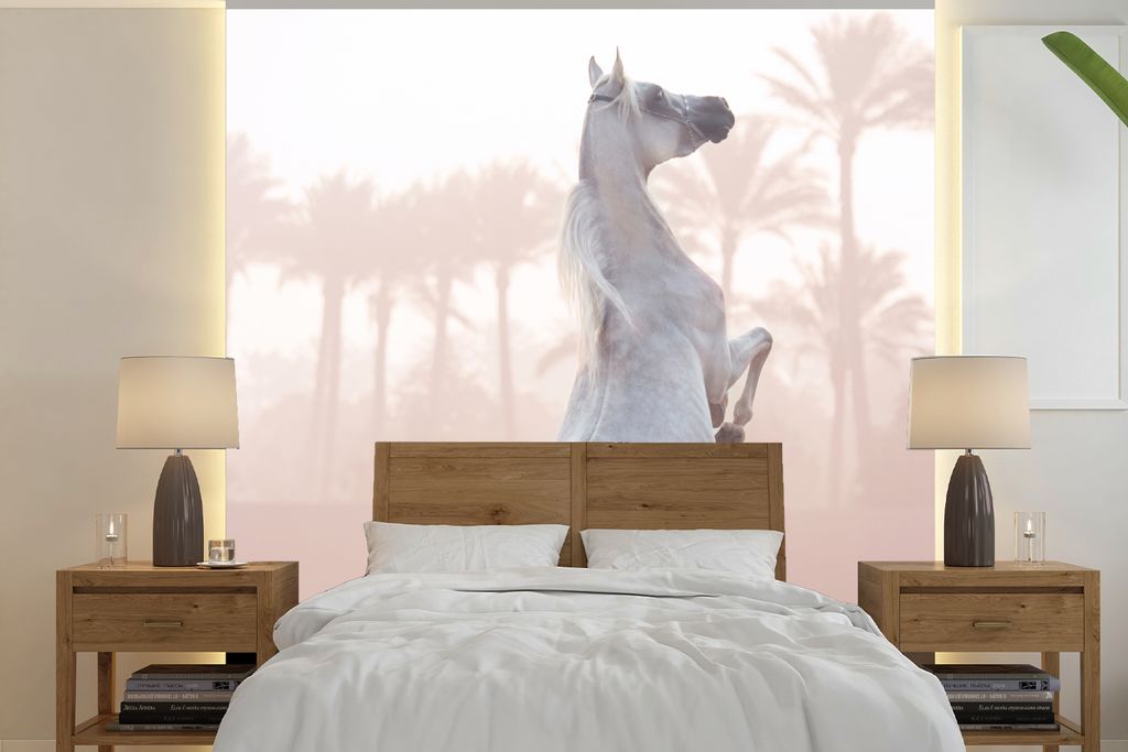 MuchoWow Fototapete für Wohnzimmer oder Schlafzimmer Wandtapete Vinyl Motivtapete Pferd - Sand - Palme - 220x220 cm - Tapeten