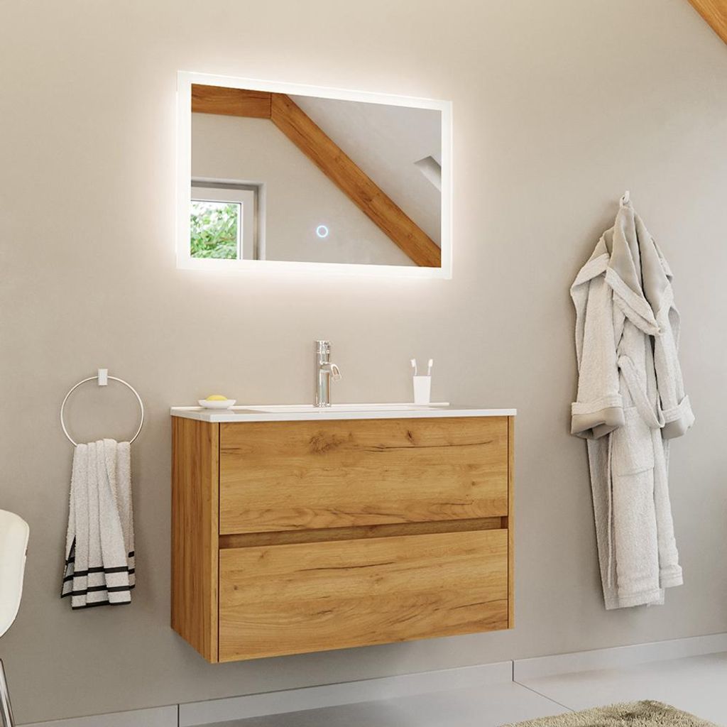 Badmöbel-Set 2-teilig mit 80 cm Waschtisch und Spiegel mit LED-Beleuchtung in Eiche - LIVIGNO-02