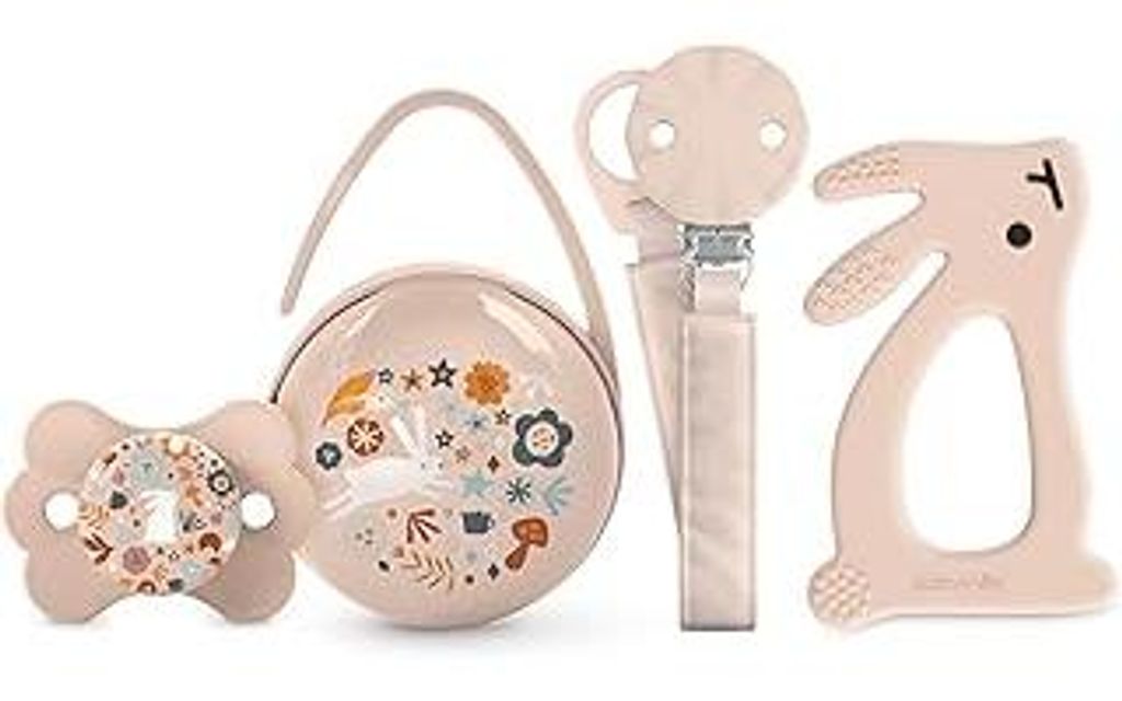 Suavinex Baby-Geschenkset zur Geburt. 4-teiliges Set mit: Physiologischem SX Pro Schnuller für Babys 0/6 Monate + Schnullerhalter + Schnullertasch...