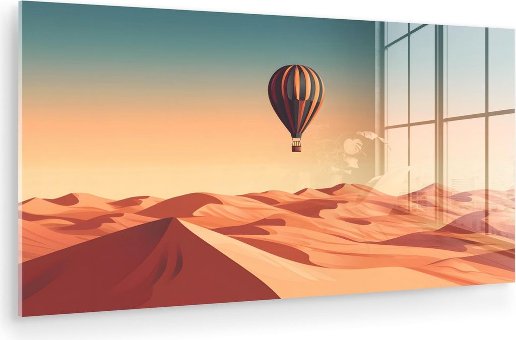 MuchoWow Glasbilder - Bilder auf Wandbild - Foto auf Glas Heißluftballon - Wüste - Sonnenuntergang - Blau 120x60 cm Wanddekoration aus Glas - Acr...