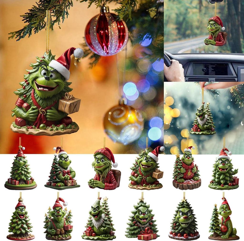12er-Pack hängende Weihnachtsbaum-Ornamente, Grinch-Anhänger wie der Grinch, Weihnachten für Zuhause, Feiertage, Partys, Dekoration