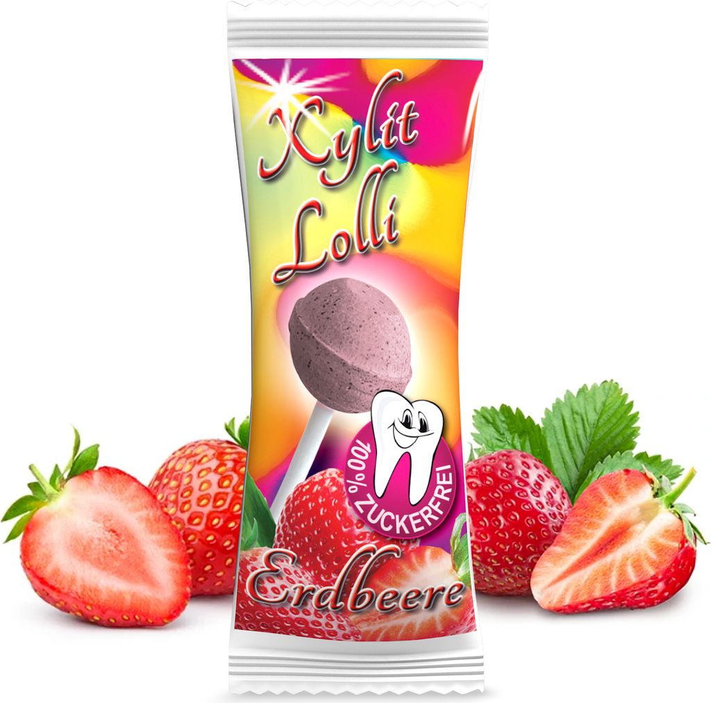 Xylit Birkenzucker Lolli Erdbeere | 50 Stk x 6g | zuckerfreier Dauerlutscher | vegan & kalorienreduziert | Zahnpflege Lollipop