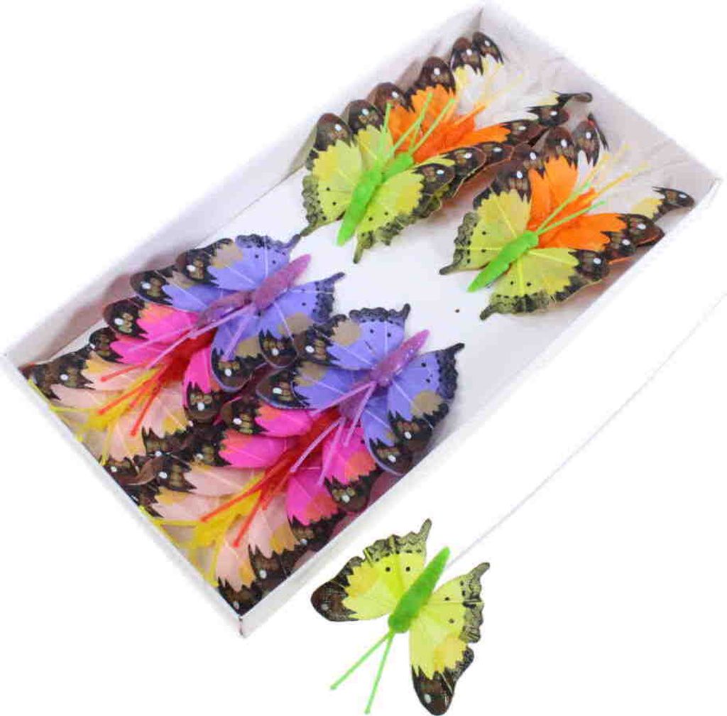 24 Feder Schmetterlinge 5cm am Draht 6fach sortiert Butterfly Federn