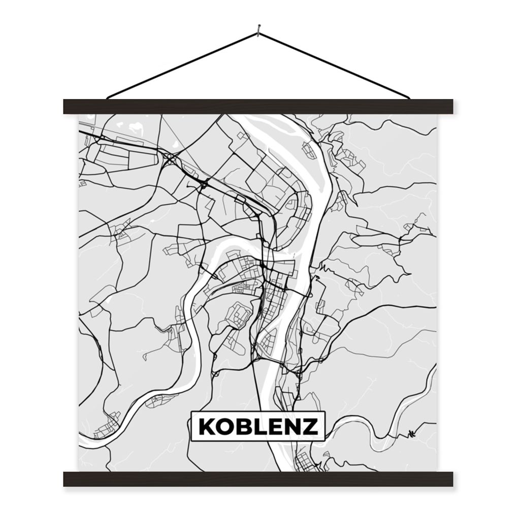 MuchoWow Textilposter Koblenz - Karte - Stadtplan - Deutschland - Karte 90x90 cm mit schwarzem Rahmen - Magnetisches