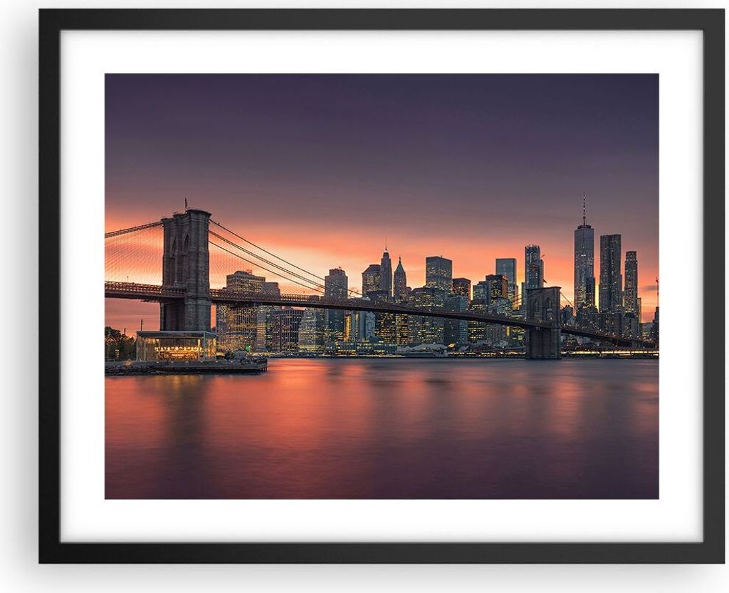 Gerahmtes Poster - Schwarzer Rahmen - New York Brücke Nacht - 50x40 cm - Wand Bild - Wanddeko - Wandbilder - Kunstposter - Wandposter - Bilderrahm...