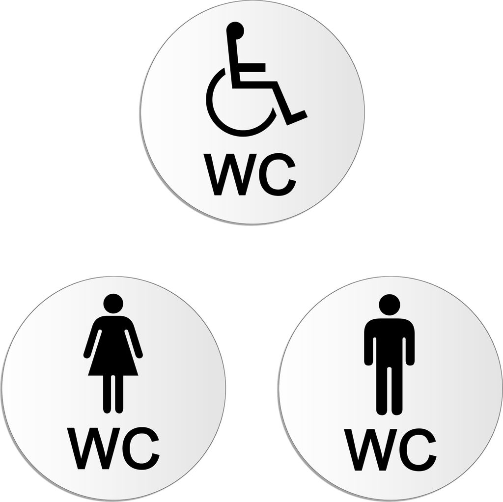 Toilettenschilder Damen-Herren-Rollstuhl | 3er Set WC Schilder Ø 100 mm – UV-beständig Kratzfest