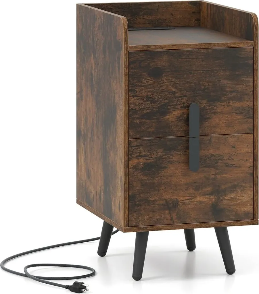 Table de Chevet de 60cm, Chargeur USB Intégré et Double Tiroir de Rangement