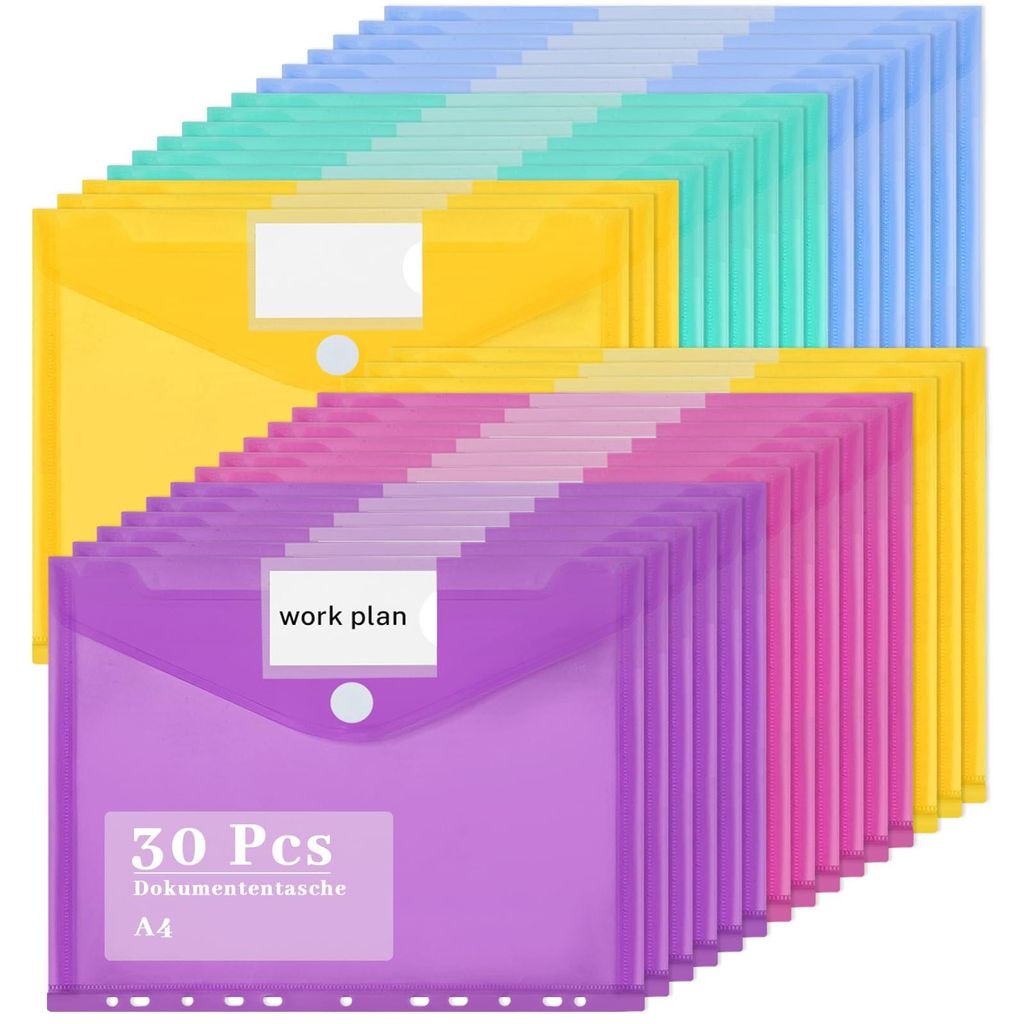30 A4-Dokumentenmappen mit 11 Perforationen, wasserfest, Klettverschluss, Etikettenfach, 5 Farben
