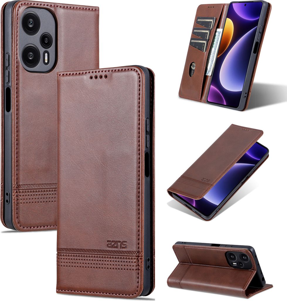 Leder Hülle für Xiaomi Redmi Note 12 Turbo, Klapphüllen Brieftasche Magnetverschluss Ständer Schutzhülle Kaffee