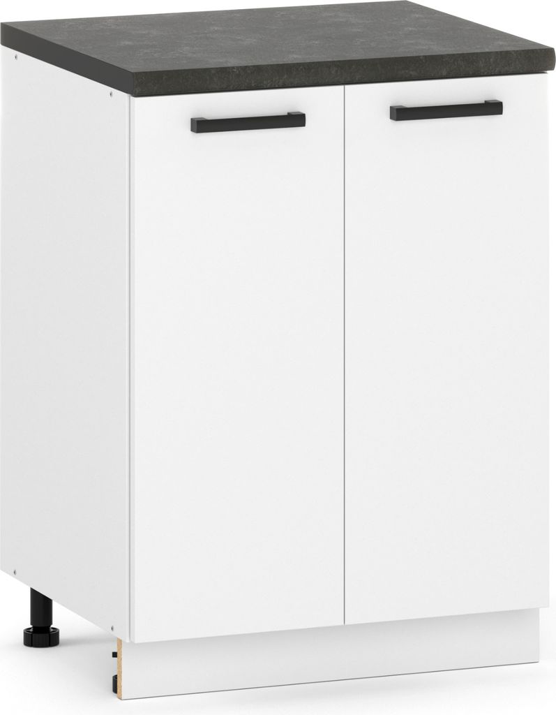 A white kitchen cabinet with a dark countertop and black handles, shown from a front-side angle.