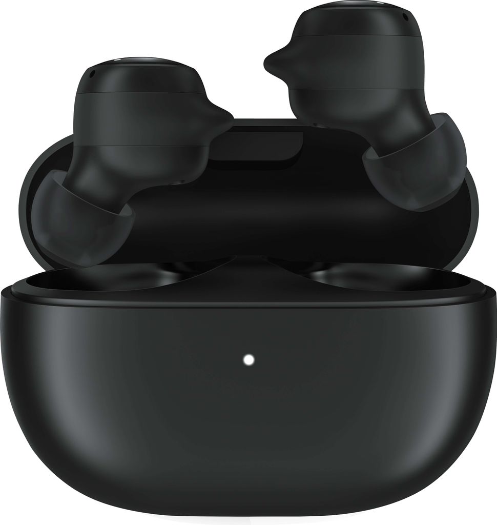 A pair of black wireless earbuds in their charging case.