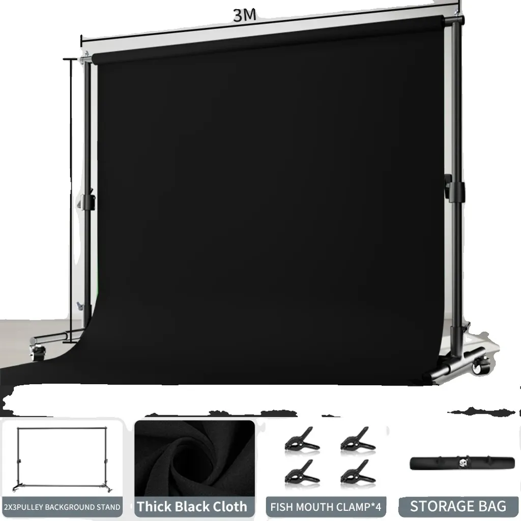Set Studio Mobile 2x3m: Fondale Nero Alta Densità e Kit Supporto