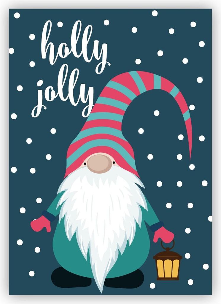 Niedliche Weihnachtskarte mit süßem Wichtel im Schnee: holly jolly