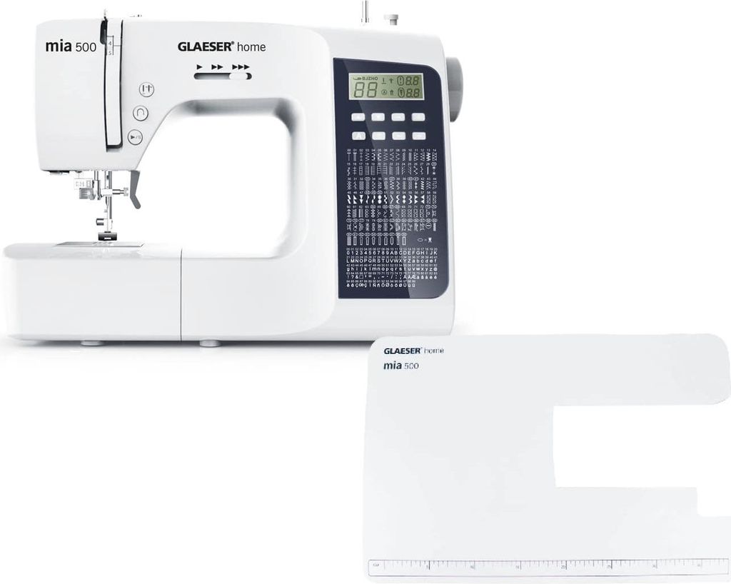 A white sewing machine and an accessory are displayed against a white background.
