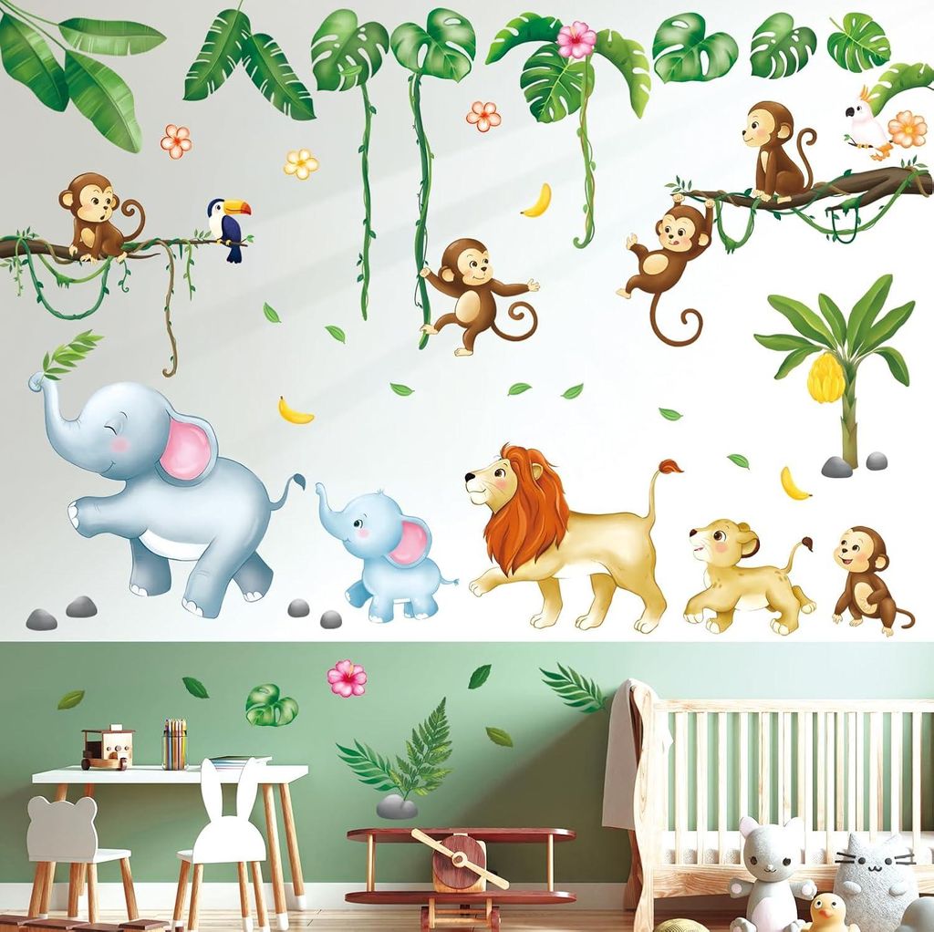 Marching Jungle Animals Wandstickers - Affe, Elefant & Löwe - Dekoration für Kinder - 12 Stück - Multicolor