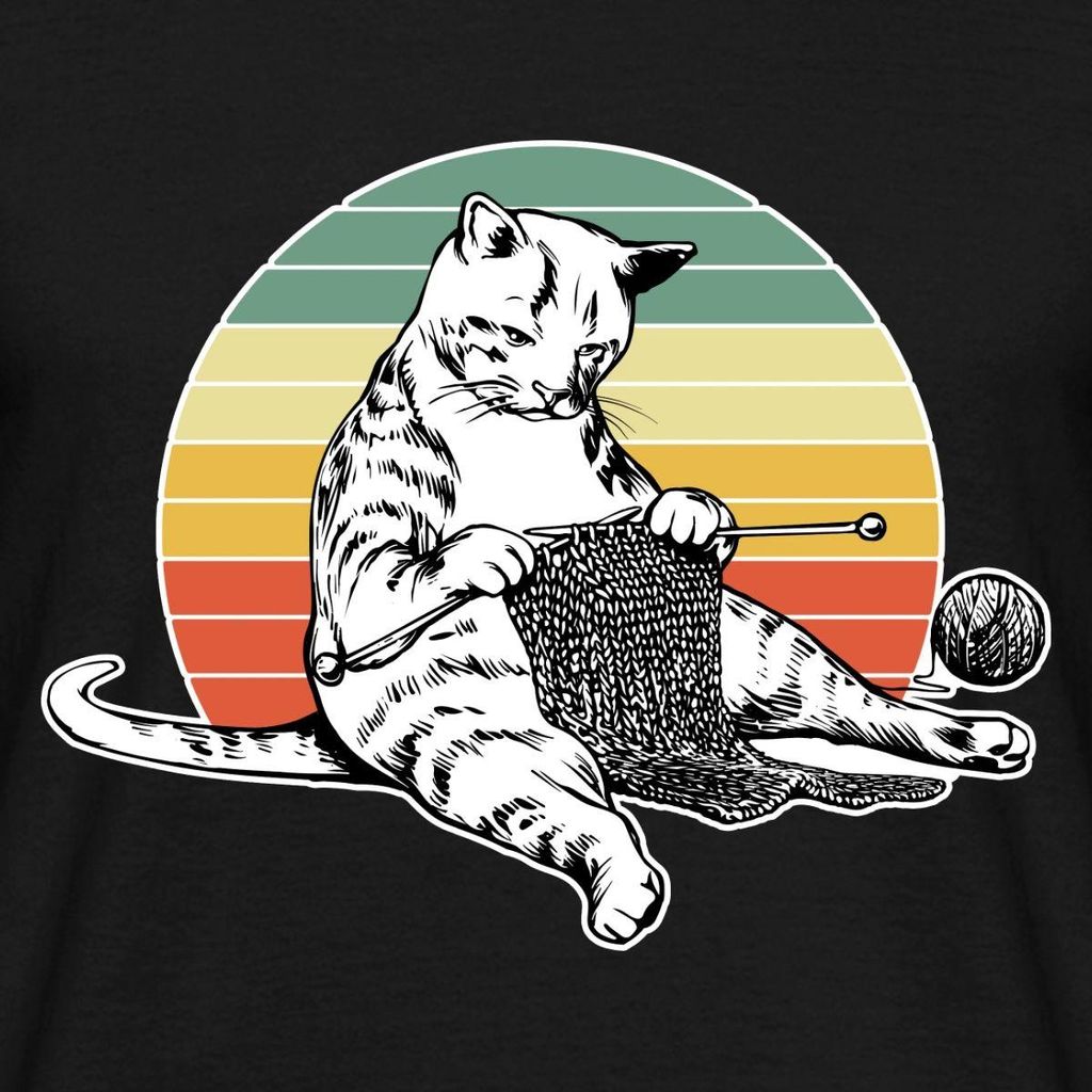 Spreadshirt Strickende Katze | Retro Katze Mit Wolle Männer T-Shirt, 4XL, Schwarz