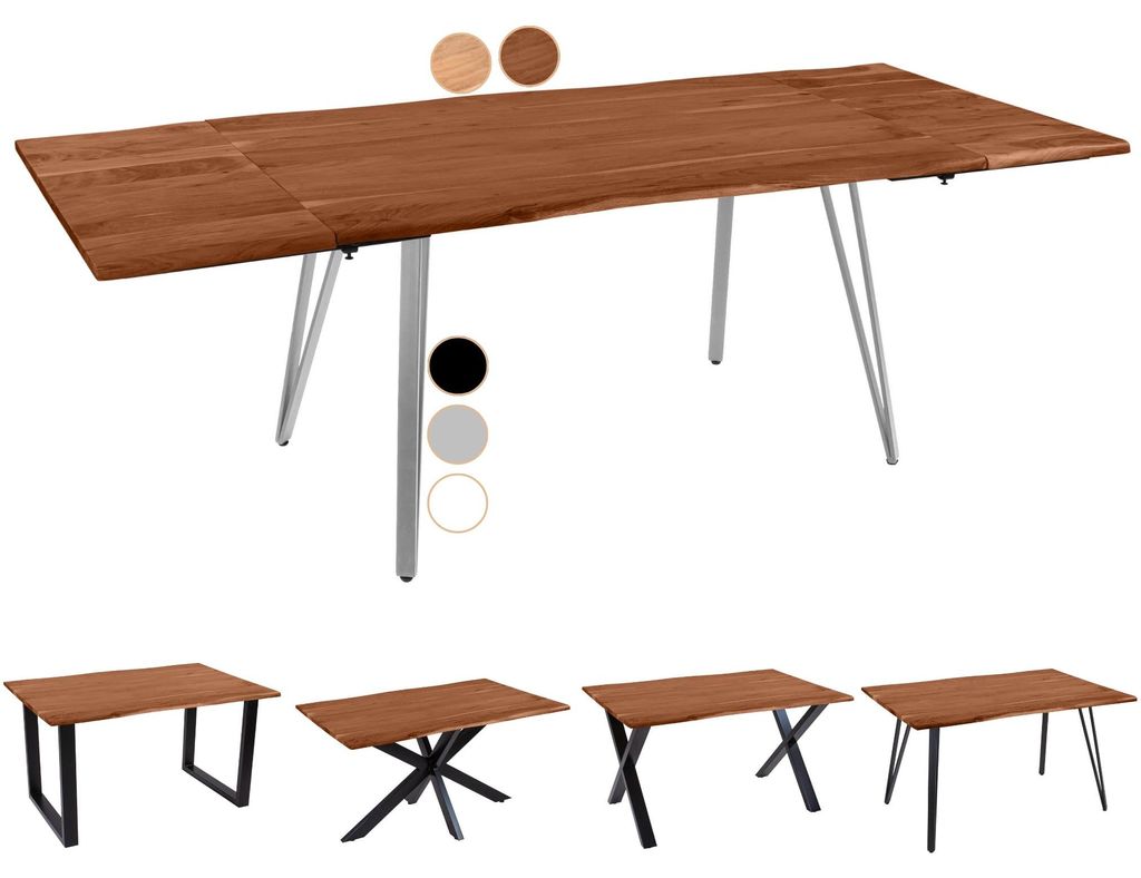 Baumkantentisch 140 (220) x 90 cm Avino, Akazienholz nussbaumfarben & massiv, Esszimmertisch mit 2 Ansteckplatten, Silbernes Vierfuß-Metallgestell...