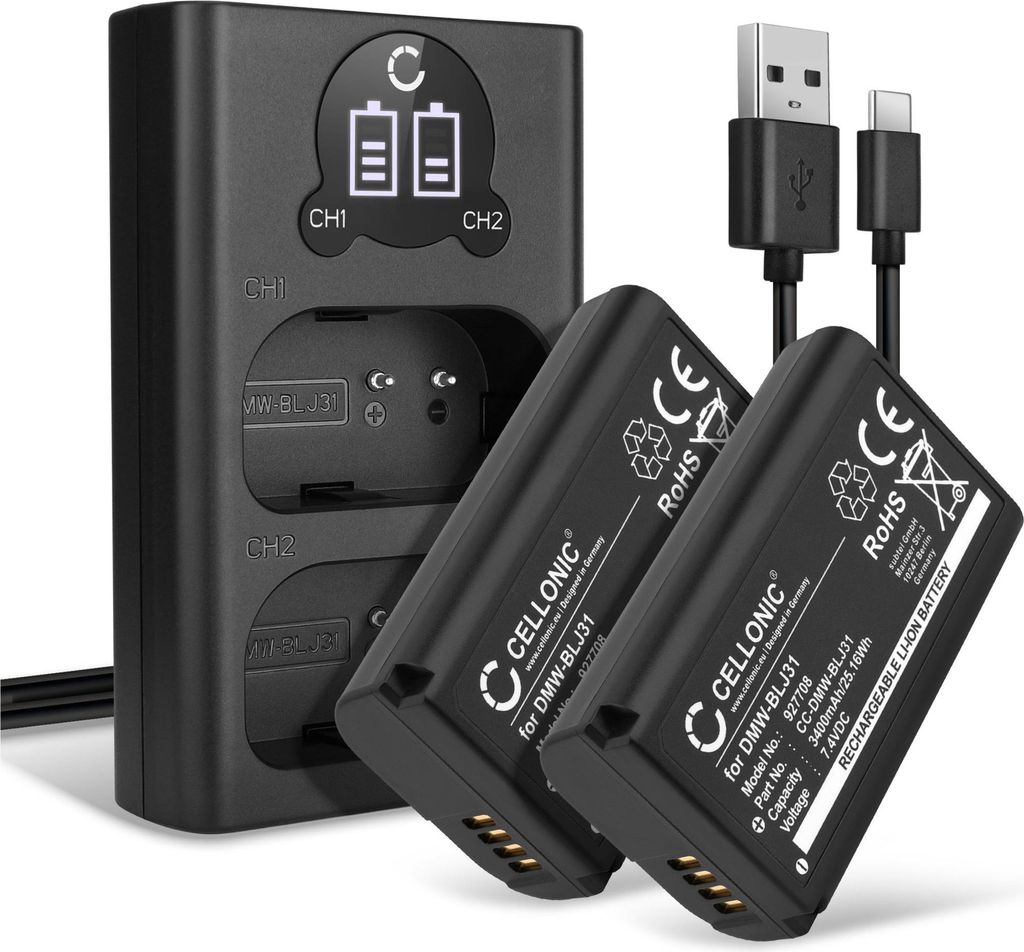 CELLONIC 2x Akku für Kamera Kompatibel mit Panasonic Lumix DC-S1, Lumix DC-S1M2, Lumix DC-S1M2ES, DMW-BLJ31 - (3400mAh, 7.4V) + Dual Ladegerät