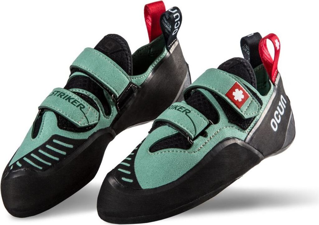 Kletterschuhe "STRIKER QC" von Ocun in mintgrün mit zwei Klettverschlüssen und schwarzer Sohle.