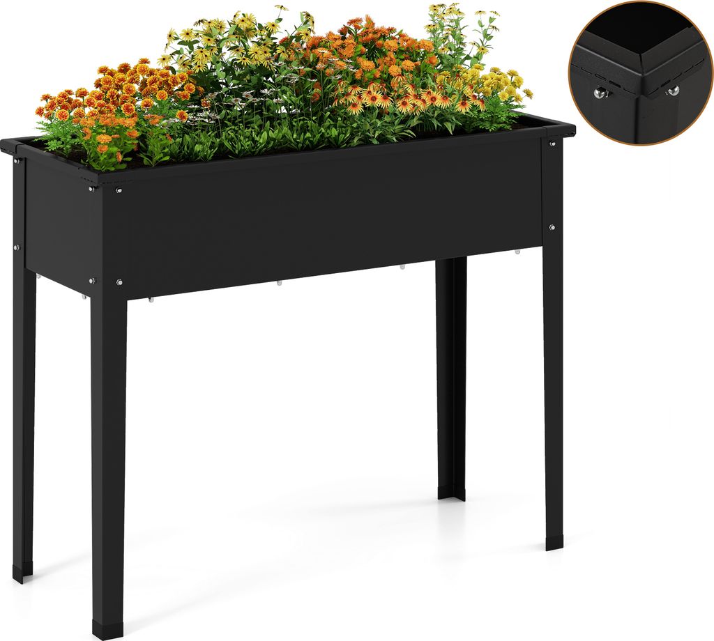A black raised garden bed filled with orange and yellow flowers, shown on a white background with a close-up inset of a corner detail.