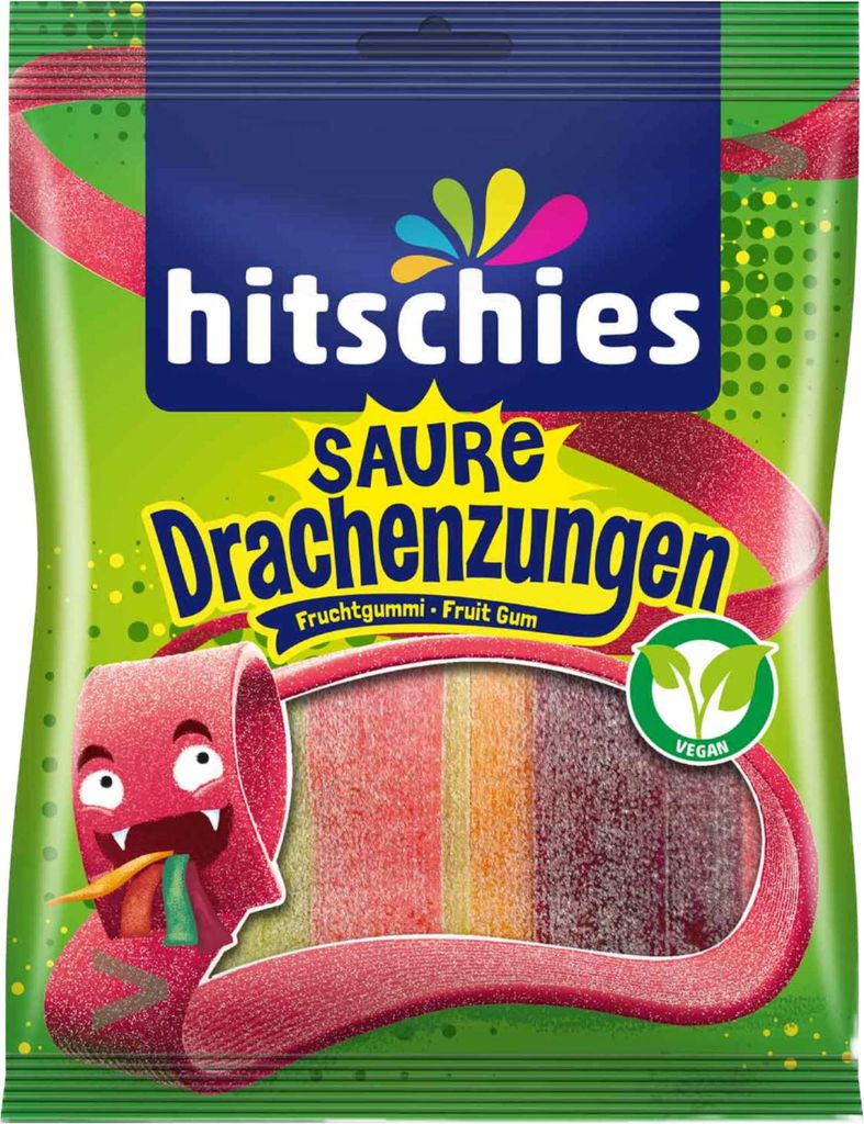 Hitschies saure Drachenzungen Sauer gezuckerte Fruchtgummi 125g