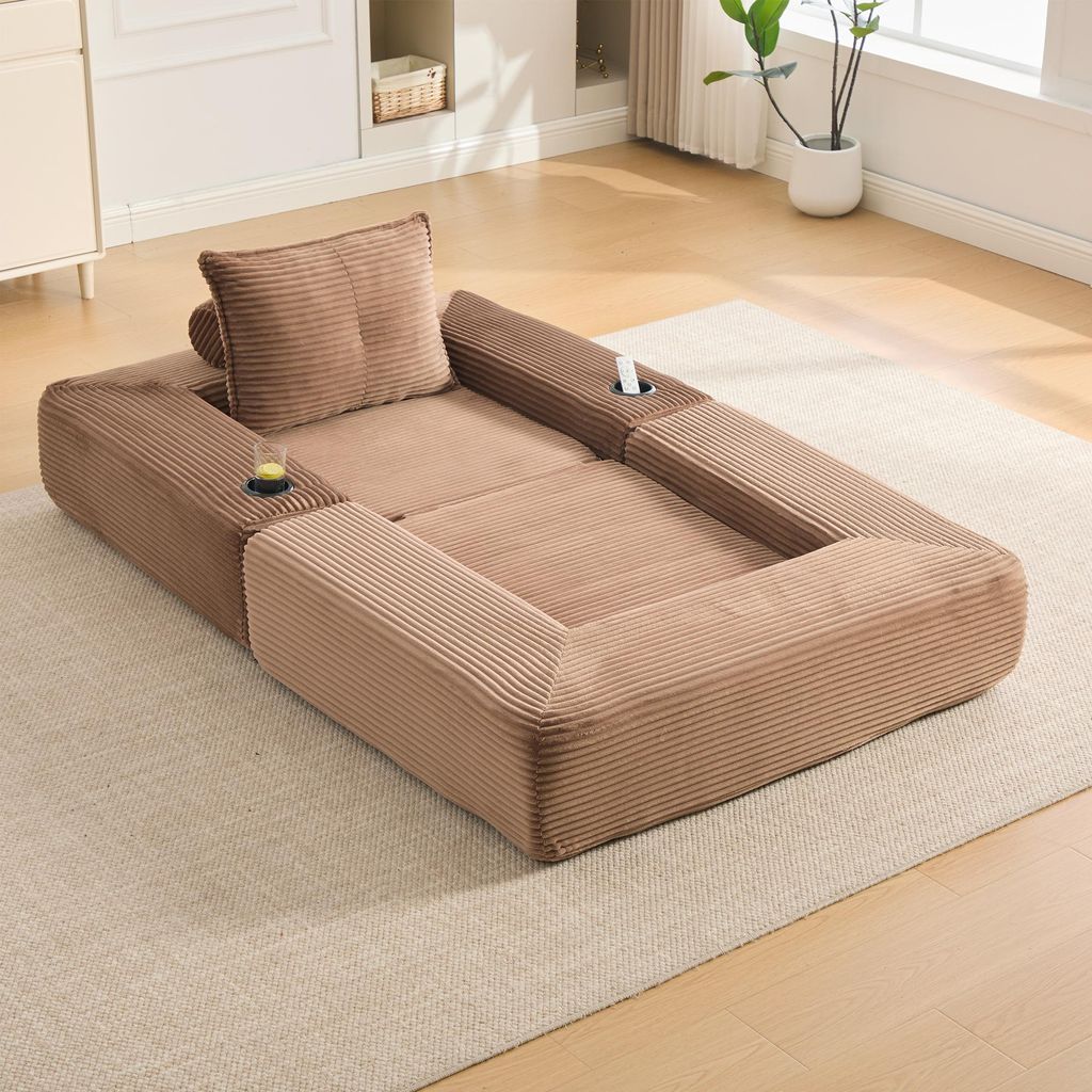 okwish Modulares Sofa Liegesessel mit Getränkehalter und Seitentasche, Klappsofa einfache Montage,Cord,für kleine Wohnungen,Braun