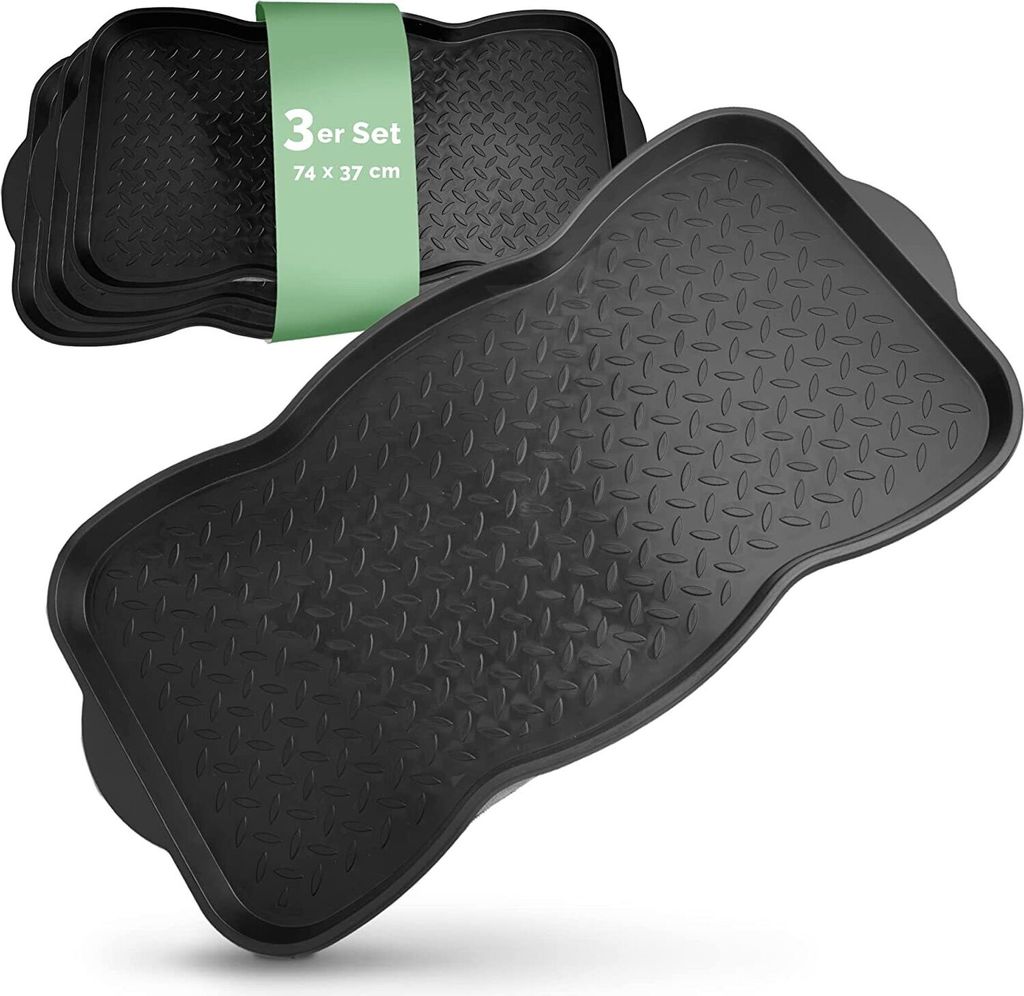 Schuhabtropfschale Schwarz für 3 Paar Schuhe, 3er Set, Groß, Robuster Kunstoff, Hoher Rand, mit Abtropfrillen. Schuhablage Shoe storage Schuhwanne