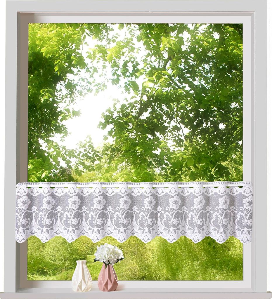 heimtexland ® Scheibengardine Jacquard Blumen Weiß Produktbild 
