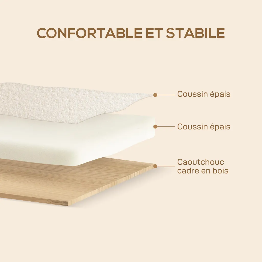 Fauteuil de salon tissu bouclé blanc crème et structure robuste bois - 6