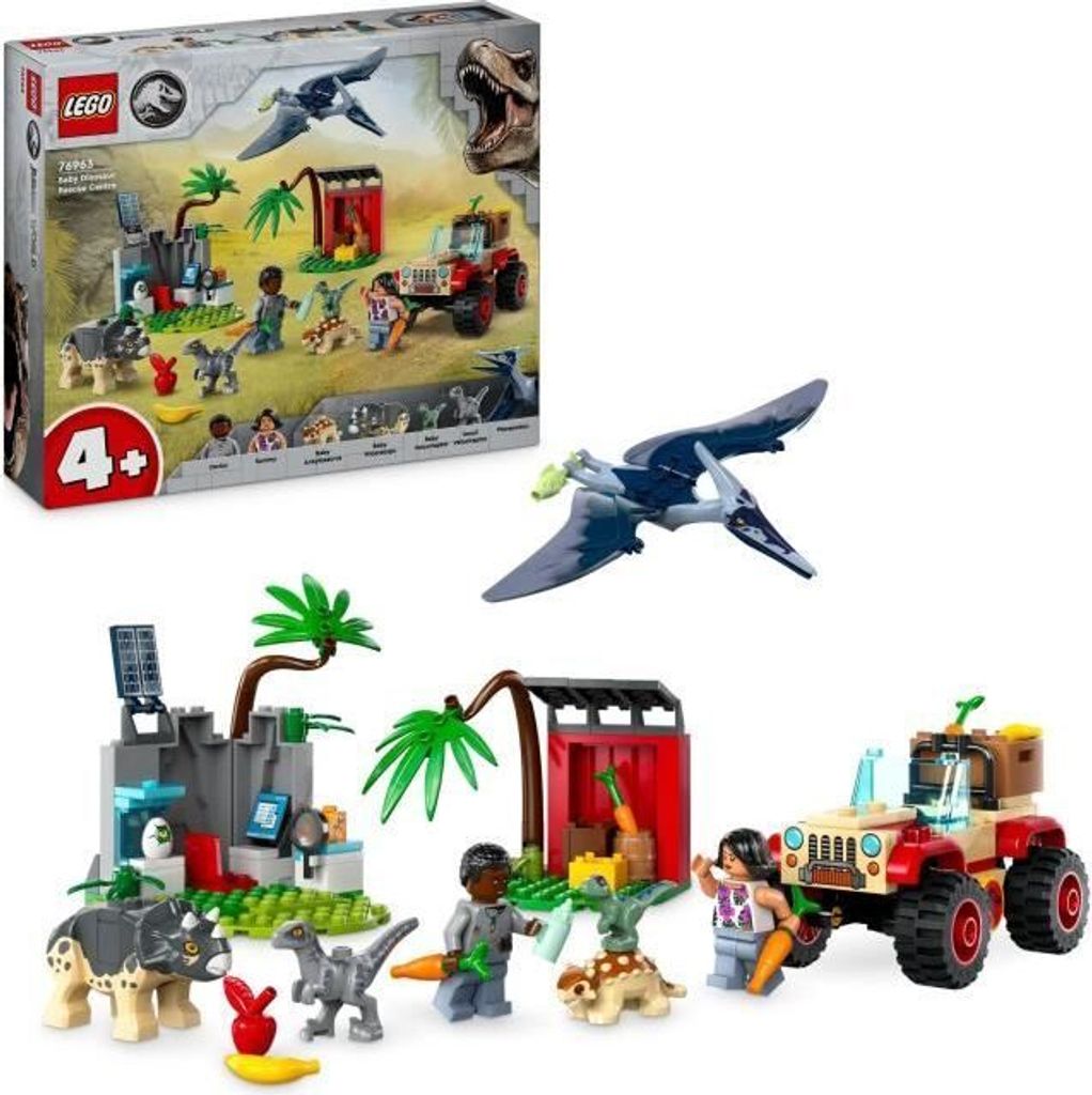 LEGO 76963 Jurassic World Baby-Dinosaurier-Rettungszentrum, Spielzeug mit Triceratops- und Velociraptor-Figuren