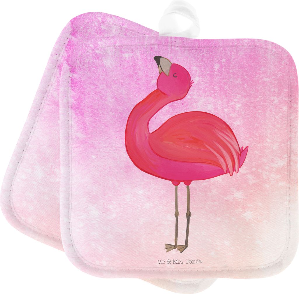 Mr. & Mrs. Panda Topfuntersetzer Flamingo Stolz - Aquarell Pink - Geschenk, Kochlappen, Rosa, Topflappen, Doppel, topfhalter, Zwei, Freude, Selbsta...