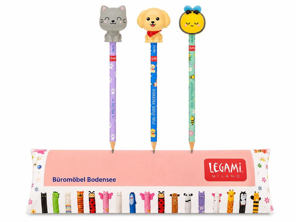 LEGAMI Squishy Bleistift 3er Set – Kitty, Bee & Ever Produktbild  KI-generiertes Bild