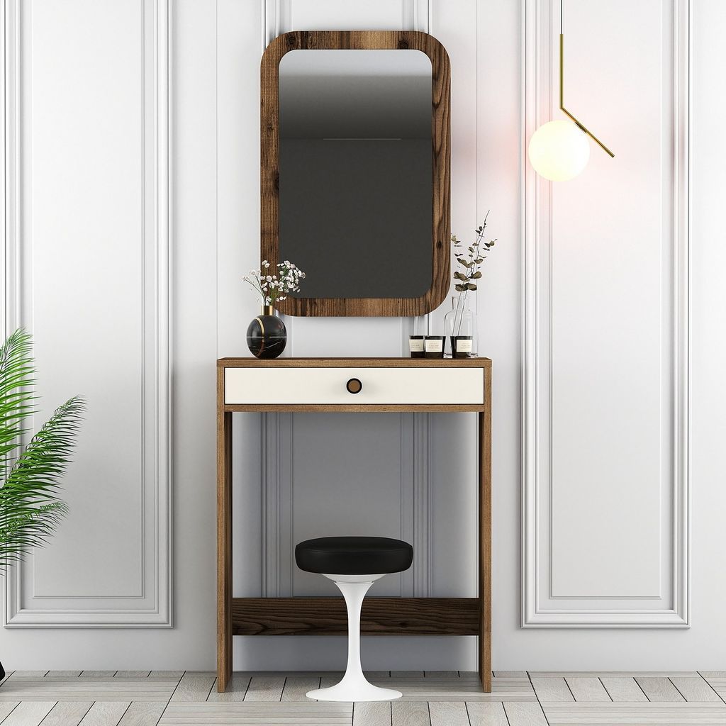 Skye Decor, Lizbon Mirror - Walnut, Cream, Schminktisch, Nussbaum, 100 % MELAMINBESCHICHTETE SPANPLATTEN, 70 x 84,7 x 40 cm