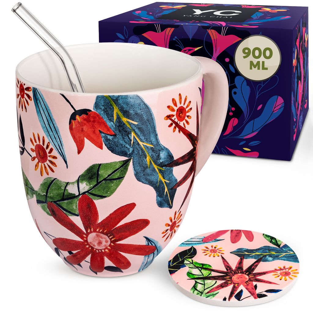 YC Yang Chai Jumbotasse 900ml - Teetasse aus Knochen Porzellan, XL Tasse Geschenkset mit Untersetzer - Kaffeetasse, Suppentasse, Jumbobecher