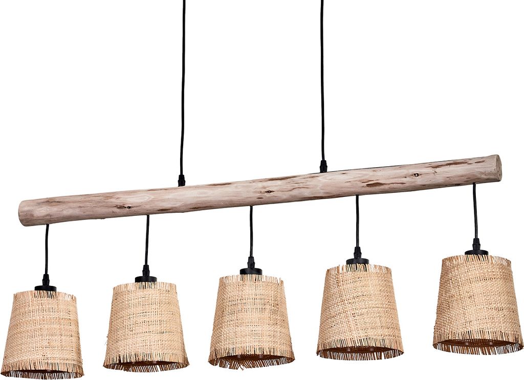 Tubione moderne Hängelampe aus Holz/Metall/Bast in Natur/Schwarz/Beige