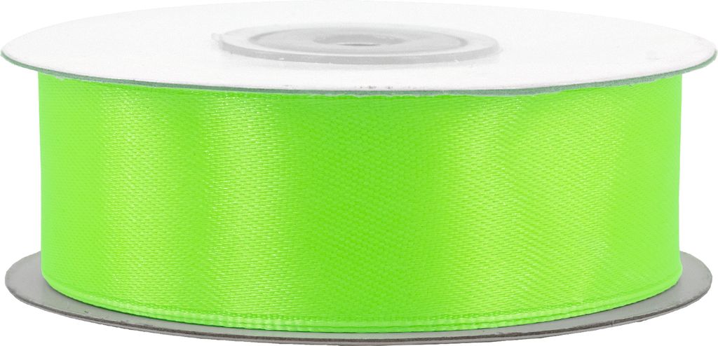 25mm breites, 25m langes, einseitig glänzendes neongrünes Satinband auf Rolle. Perfekt für Bastelprojekte und Geschenkverpackungen